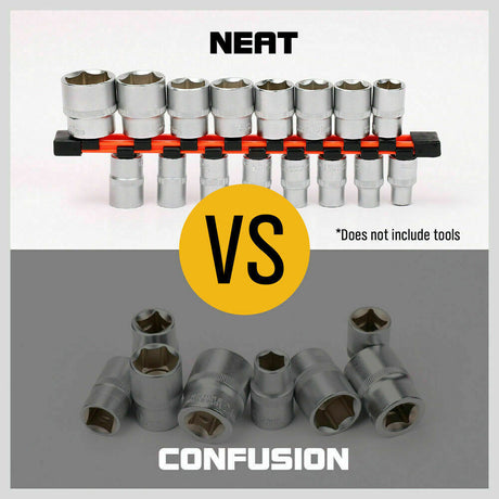 Color-coded 3Pc Socket Holder Set for 1/4", 3/8", 1/2" drives with ABS plastic clips for tool organization.