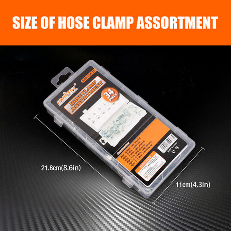 Durable 34Pc Assorted Hose Clamp Set with 6 Sizes for Fuel Lines and Pipes