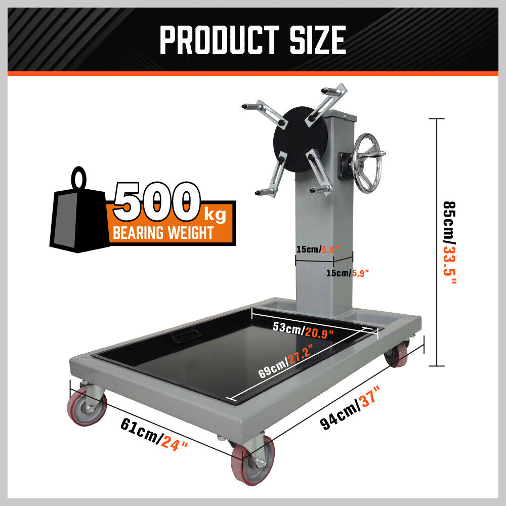 Heavy Duty 500kg Folding Engine Stand for auto workshops, capable of supporting 1100lb engines. Features include a foldable design for convenient storage, adjustable arms for various engine sizes, a rotating mount for 360-degree engine access, and a robust steel construction with a durable red powder-coated finish