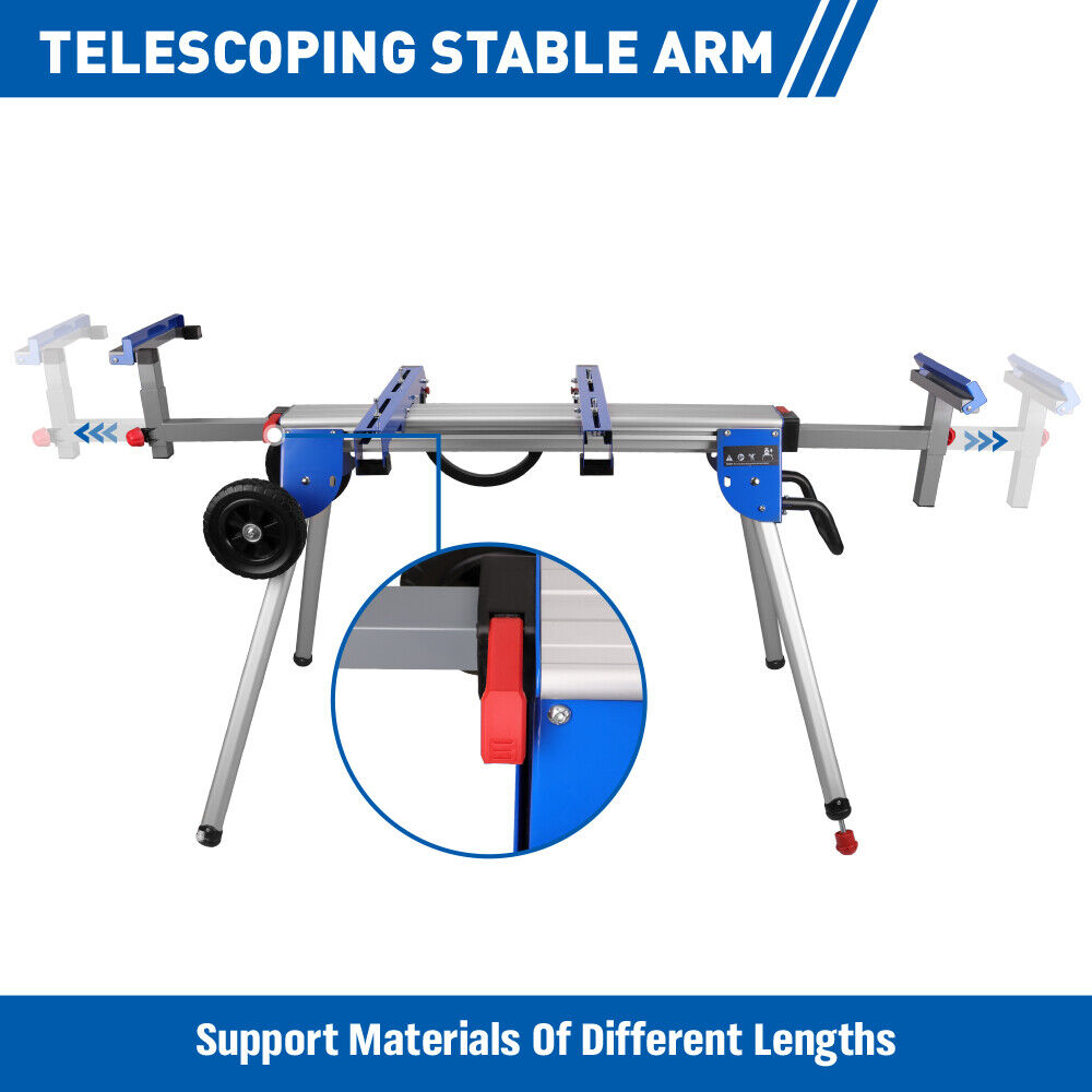 A miter saw stand featuring one-piece mounting brackets, a 45-inch sliding rail, and a 500lb capacity, designed for heavy-duty use and easy folding for storage.