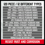 Comprehensive 120-Piece Pegboard Hooks Set with Various Sizes for Organizing Tools on Garage and Workshop Walls