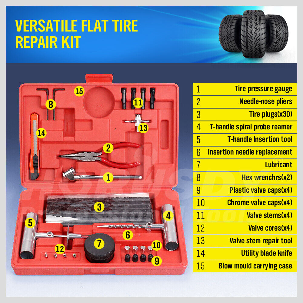 Heavy Duty 56-Piece Tyre Puncture Repair Kit - Quick and Easy Emergency Tire Repair for Car, Motorcycle, 4WD - Durable Tools and Accessories