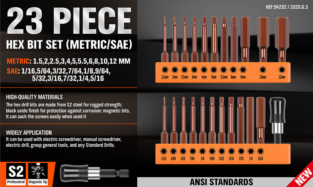 23Pc Hex Bits Set - Metric & SAE Allen Keys with Quick Release Adaptor. High-quality S2 steel. Versatile and durable.