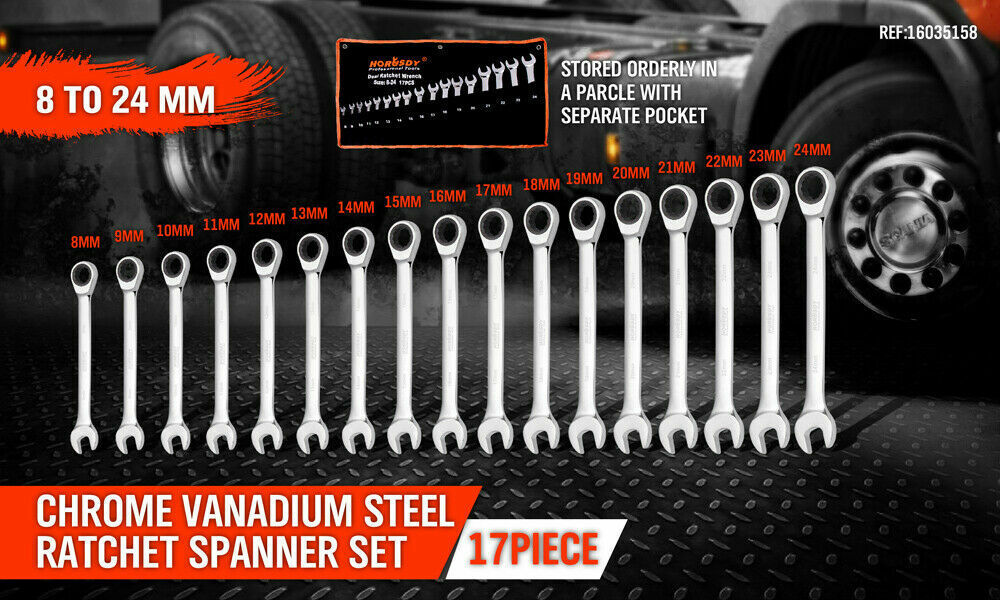 Complete set of 17 metric ratchet spanners made of chrome vanadium steel, ranging from 8mm to 24mm with open end and ring features, for versatile use in tight spaces