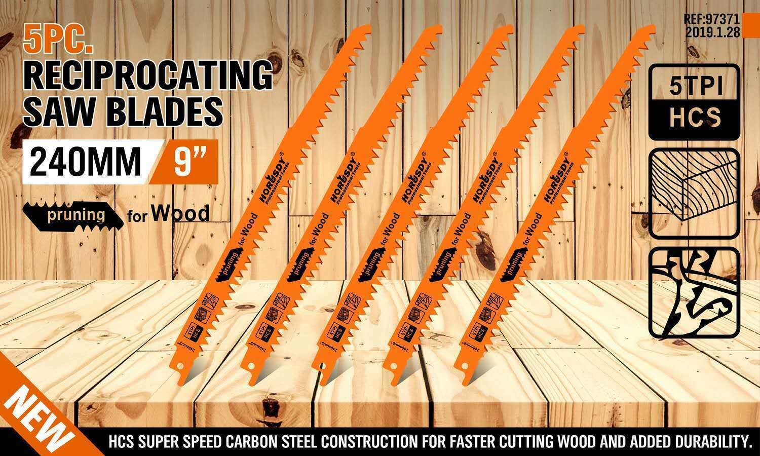 Set of 5 Durable 9-Inch Reciprocating Saw Blades - 5TPI Carbon Steel for Wood Cutting, Compatible with Major Brands, Includes Case