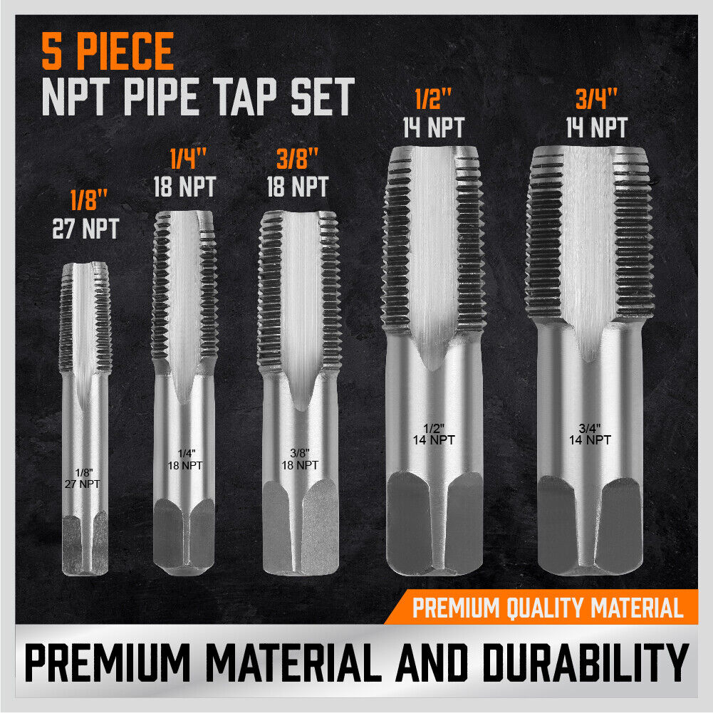 HORUSDY 5-Piece Taper NPT Tap Set for Pipe Threading, Sizes 1/8" to 3/4", Durable Carbon Steel Construction