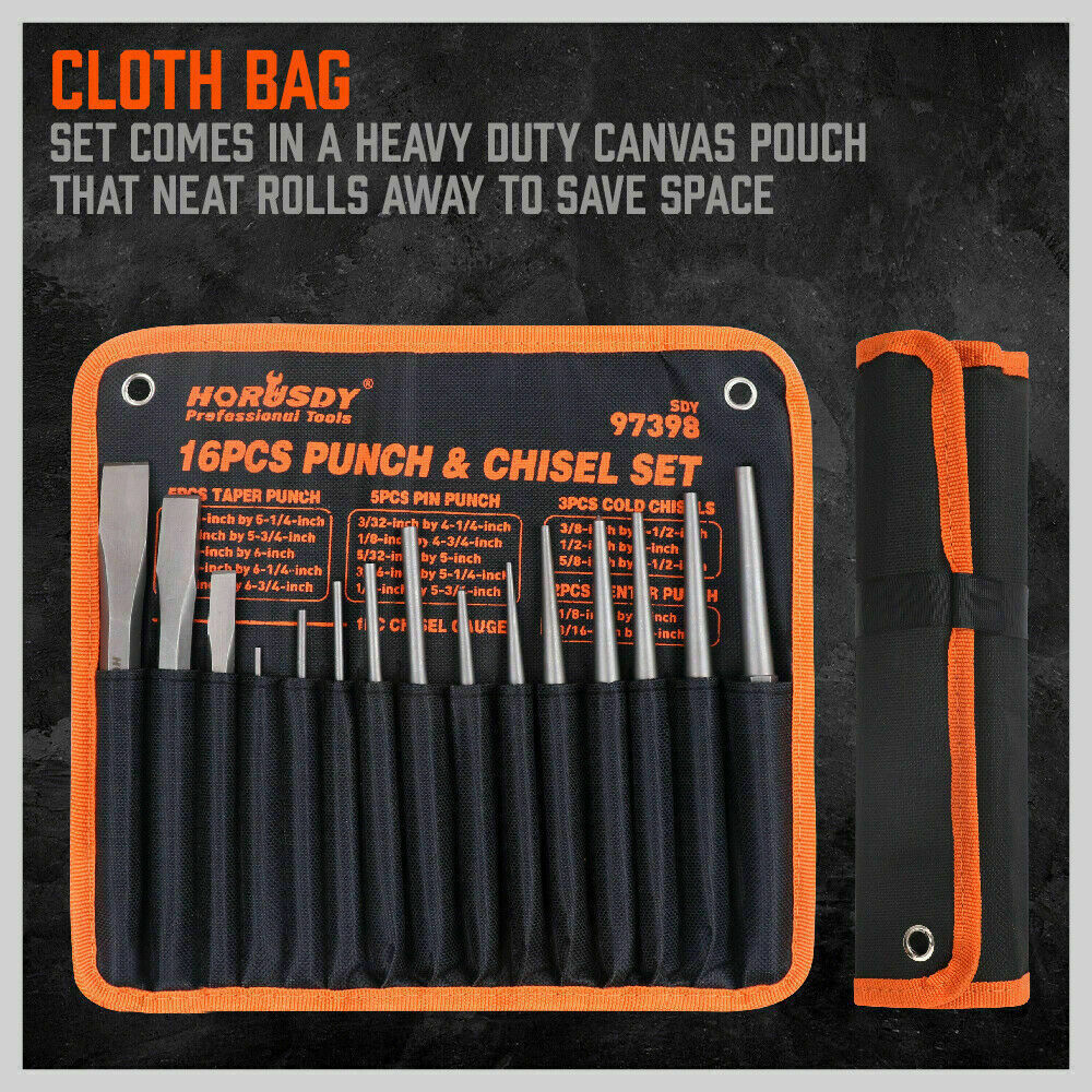 16-piece punch and chisel set including pin punches, tapered punches, cold chisels, center punches, and a gauge, all neatly rolled in a pouch