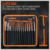 16-piece punch and chisel set including pin punches, tapered punches, cold chisels, center punches, and a gauge, all neatly rolled in a pouch