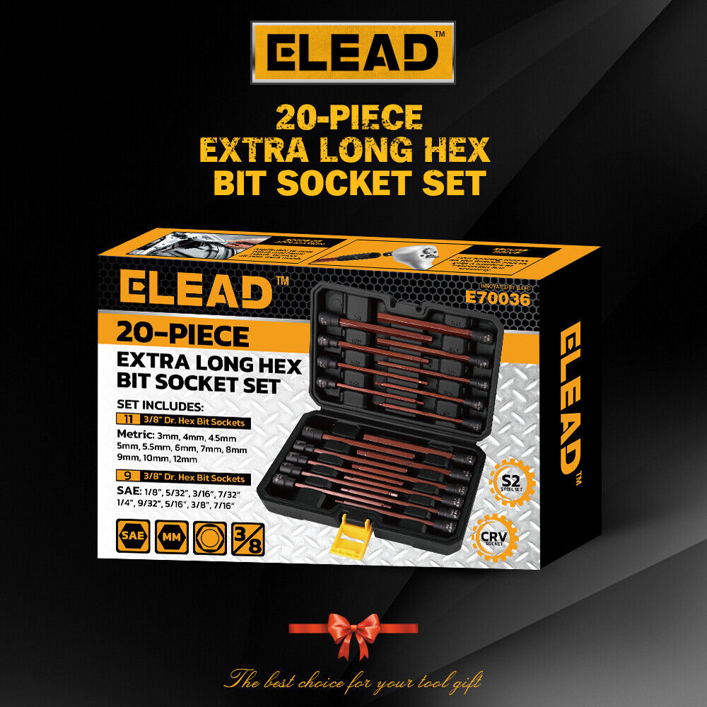 ELEAD 20Pcs Hex Bit Socket Set featuring Extra Long Design, SAE and Metric Sizes, Durable Chrome Vanadium Steel Construction, with Compact Carrying Case