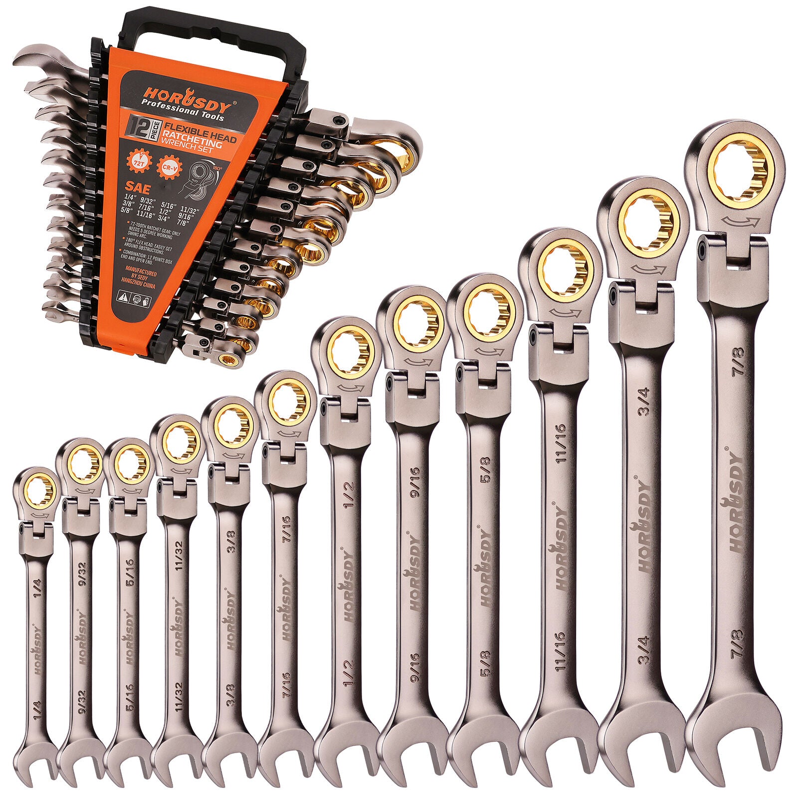 HORUSDY 12-Piece SAE Ratchet Spanner Set, 72-Tooth Precision, Flexible Head, Chrome Vanadium Steel, Nickel-Chromium Finish, Sizes 1/4" to 7/8