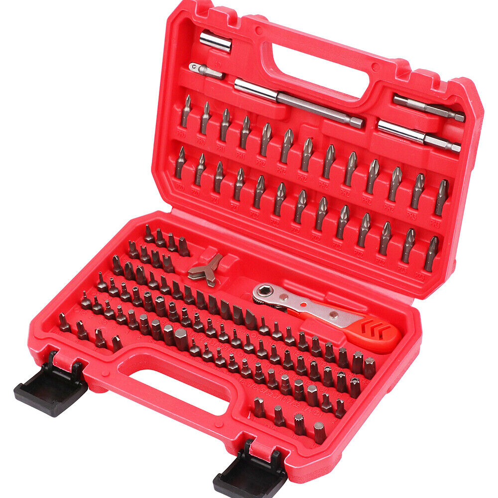 112PC Security Bit Set - Durable CRV steel, versatile set, ratcheting wrench, comprehensive bit types, convenient storage.