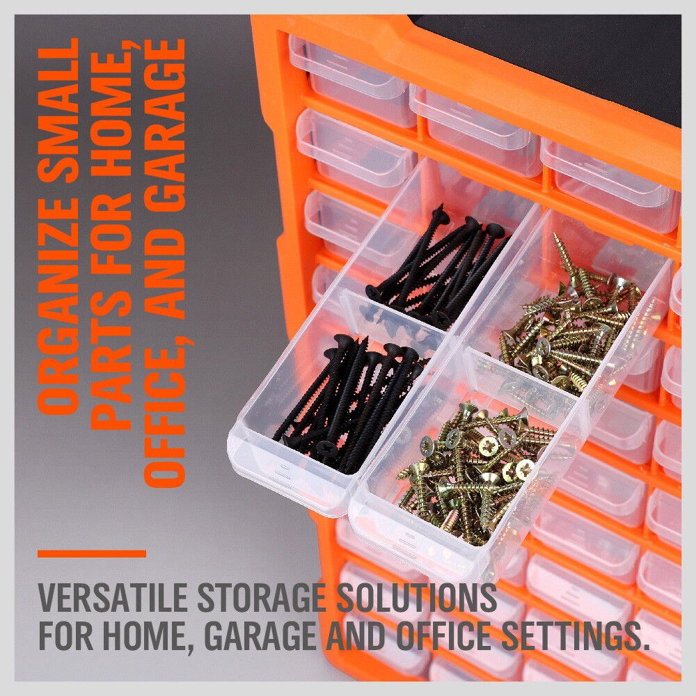 60-drawer organizer set enables wall, stack or floor installation with durable, transparent build for functionally arranging huge volumes of tools, industrial parts and job site supplies.