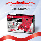 112PC Security Bit Set - Durable CRV steel, versatile set, ratcheting wrench, comprehensive bit types, convenient storage.