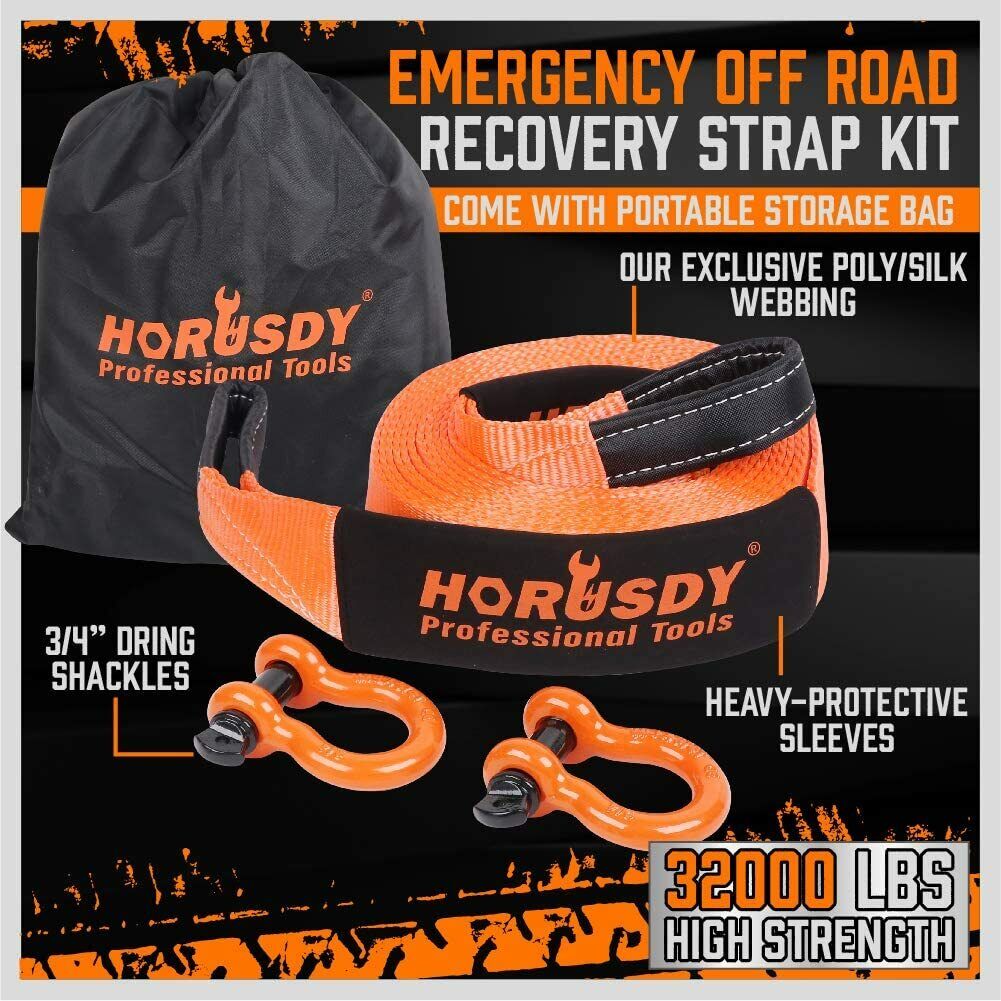 Heavy Duty 9.1M Recovery Tow Straps Snatch Kit - 32,000 LBS Break Strength - D-Ring Shackles Included - Reliable Recovery Solution