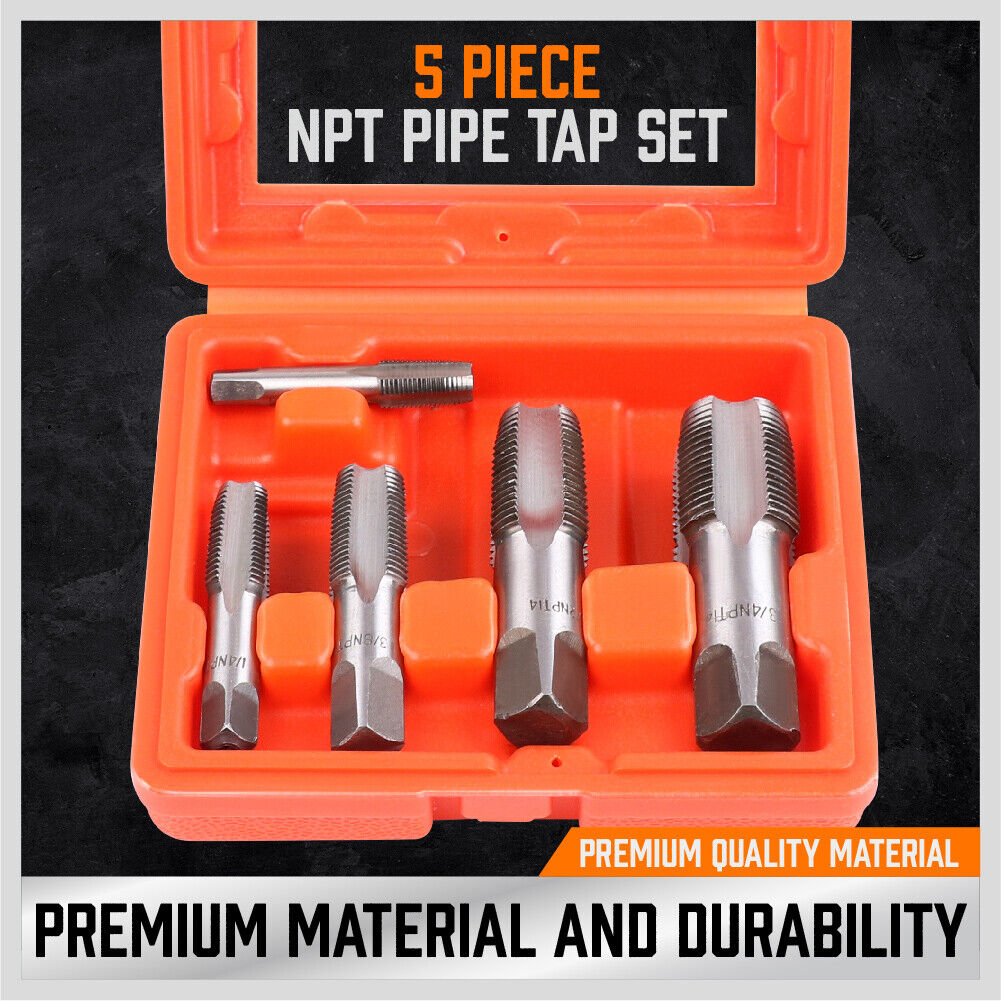 HORUSDY 5-Piece Taper NPT Tap Set for Pipe Threading, Sizes 1/8" to 3/4", Durable Carbon Steel Construction