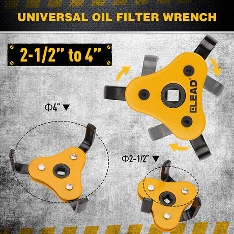 ELEAD Adjustable Oil Filter Wrench Set with 3-Jaw Design and Dual Drive Adapter