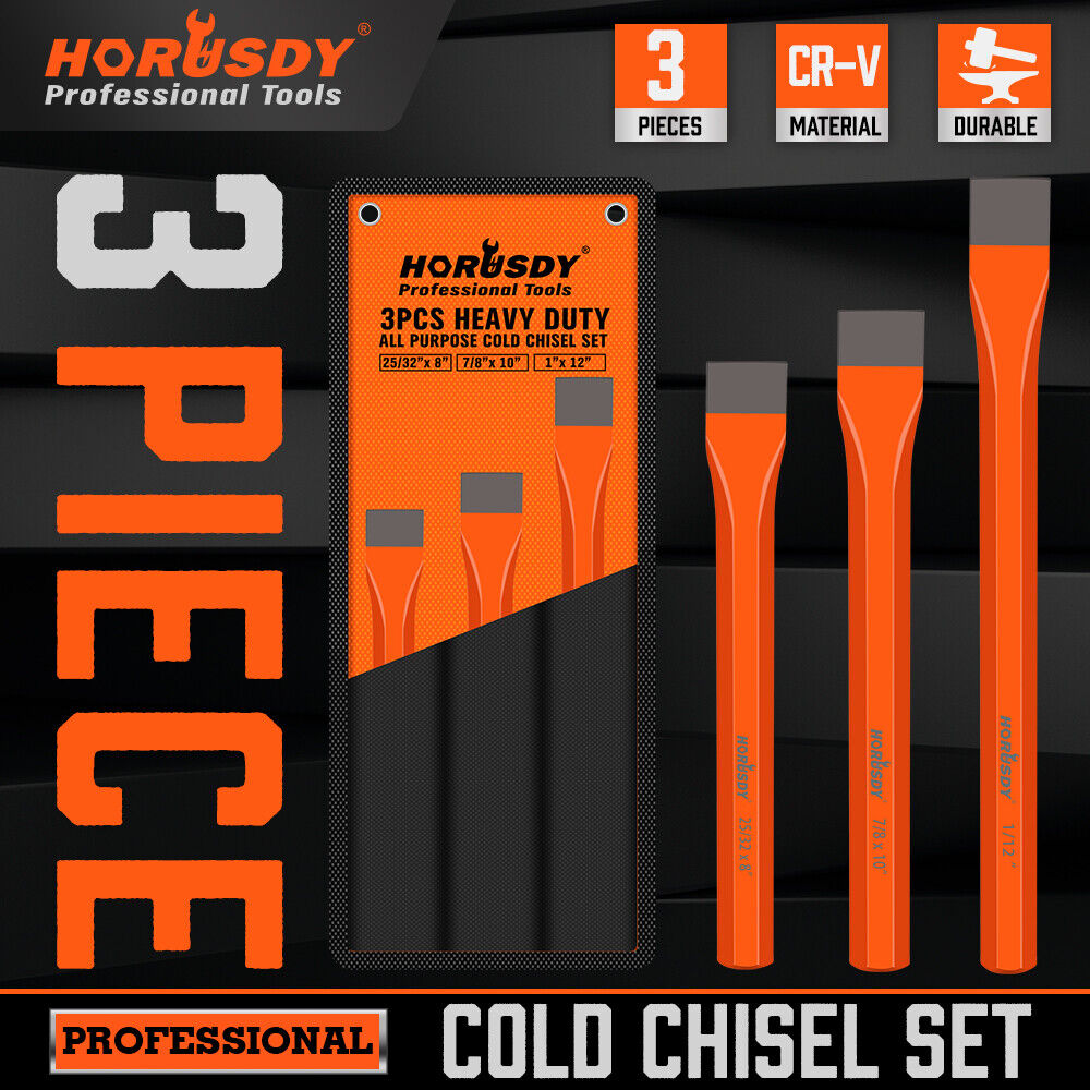 HORUSDY 3-Piece Extra Long Cold Chisel Set, Rust-Resistant Black Oxide Finish, Sizes 25/32"x 8", 7/8"x 10", 1" x 12", Ideal for Shaping Cold Metal, Masonry, and Concrete