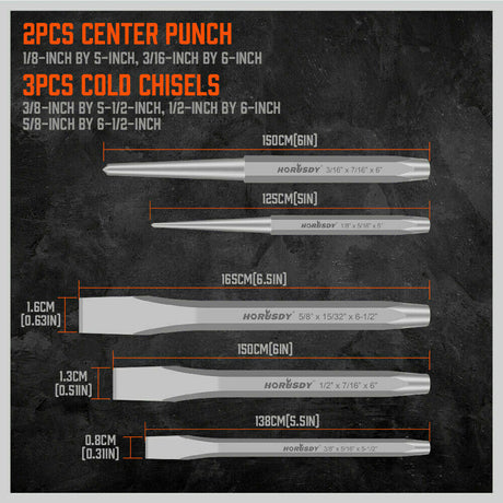 16-piece punch and chisel set including pin punches, tapered punches, cold chisels, center punches, and a gauge, all neatly rolled in a pouch