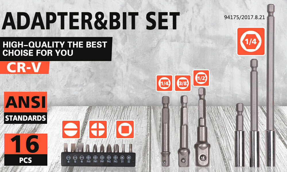 16-piece socket bit adaptor set including various nut drivers and extenders for power drills and screwdrivers, with different sizes for versatile use