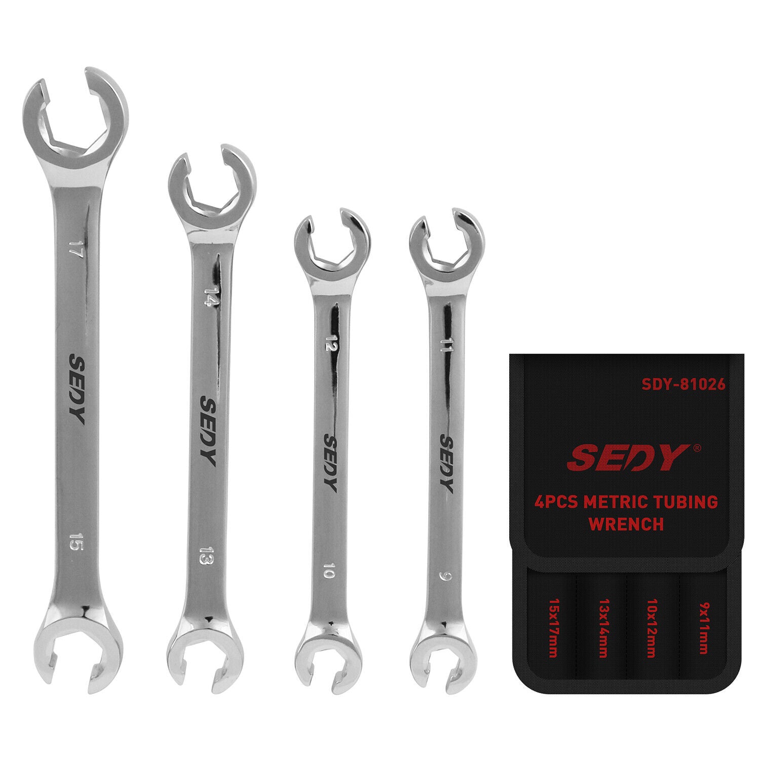 SEDY 4-Piece Metric Flare Nut Wrench Set, Dual Sizes 9-17mm, Durable CR-V Steel, with Convenient Storage Pouch