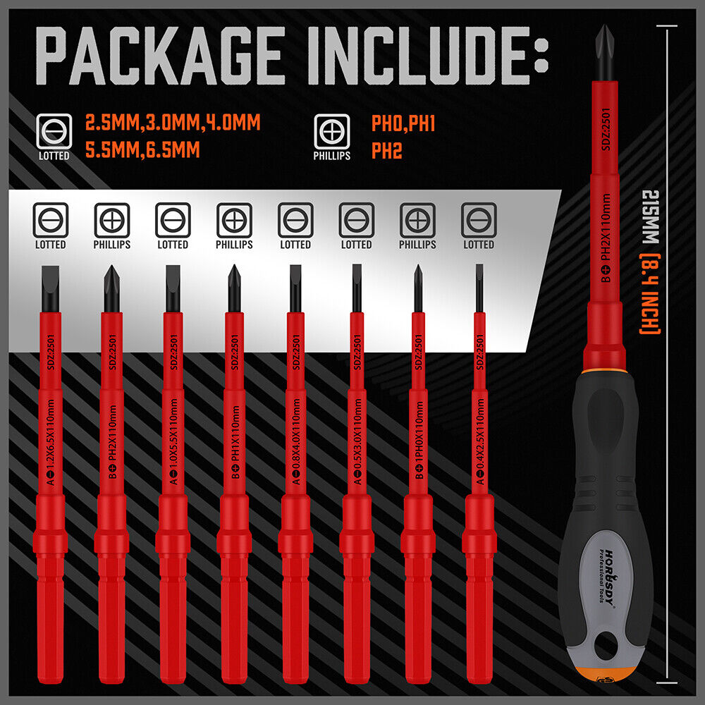 10-Piece Insulated Screwdriver Set for Electricians with Interchangeable Magnetic Tips and 1000V Safety Rating