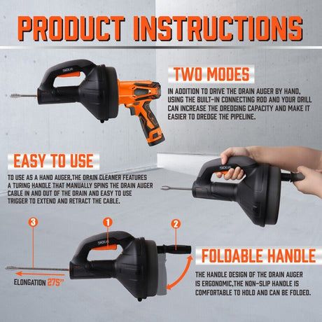 Efficient Drain Auger Drain Cleaner Unblocker - 7m Cable for Kitchen, Bathroom Sinks, Bathtubs, Showers, and Pipes