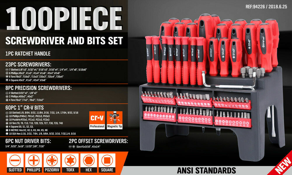 Versatile 100pc Screwdriver Set with Multiple Bits Including Slot, Pozi, Hex, Star, and Square in a Red and Black Rack