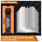 Set of 4 utility knives with snap-off blades, featuring retractable grip handles and a pack of 10 spare blades. Ideal for daily use in cutting cardboard, paper, wires, PVC, and crafts