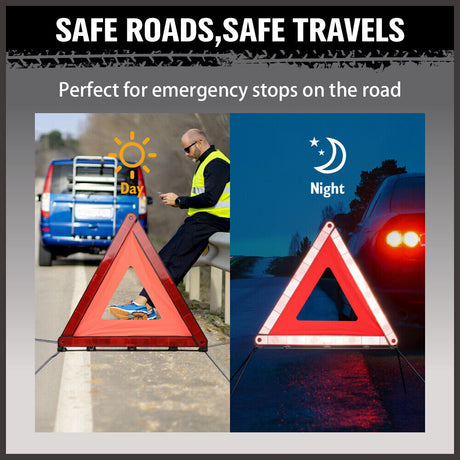 Set of 3 high-quality, durable emergency warning triangles with fluorescent orange frames and red acrylic reflectors, ideal for roadside safety.