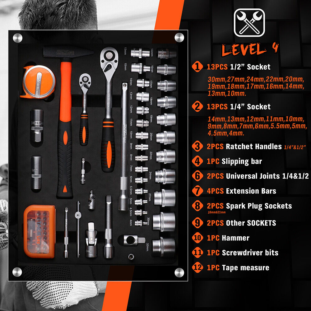 Comprehensive 177-piece hand tool set in a rolling aluminum case with ratchet handles, sockets, wrenches, pliers, and screwdrivers