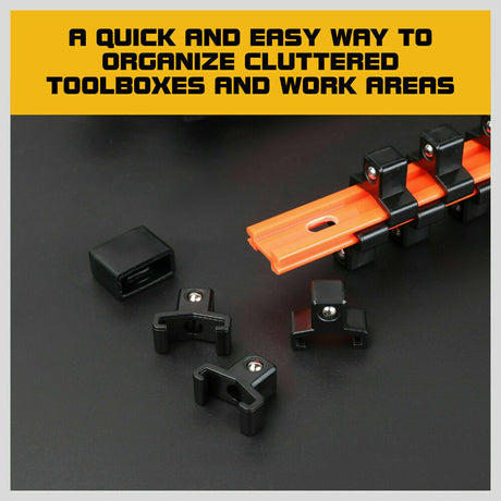 Color-coded 3Pc Socket Holder Set for 1/4", 3/8", 1/2" drives with ABS plastic clips for tool organization.