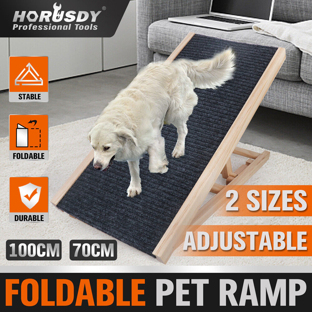 Adjustable foldable dog pet ramp with non-slip surface and practical wood construction for easy access and safety.
