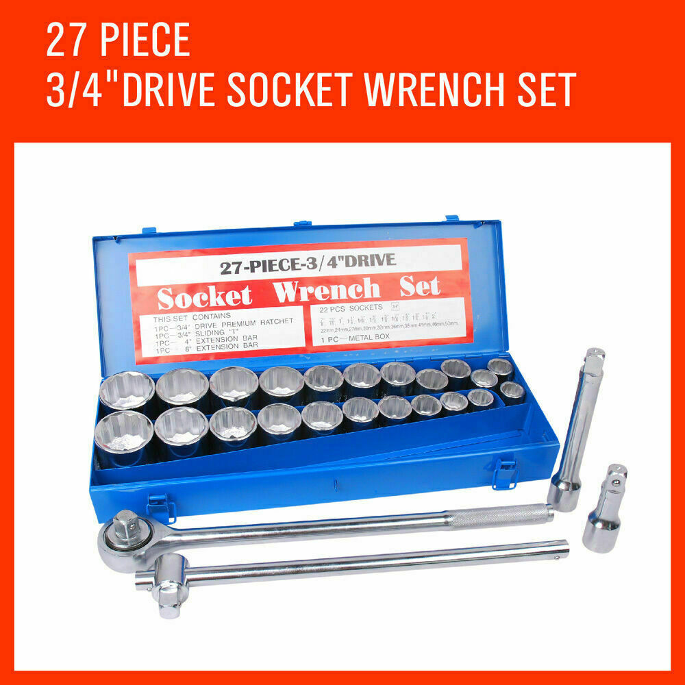  Comprehensive 27-piece heavy-duty socket and wrench set with 3/4" drive in both metric and imperial sizes, including ratchet, sliding T-bar, and extension bars in a durable steel case.