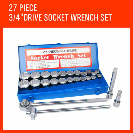  Comprehensive 27-piece heavy-duty socket and wrench set with 3/4" drive in both metric and imperial sizes, including ratchet, sliding T-bar, and extension bars in a durable steel case.