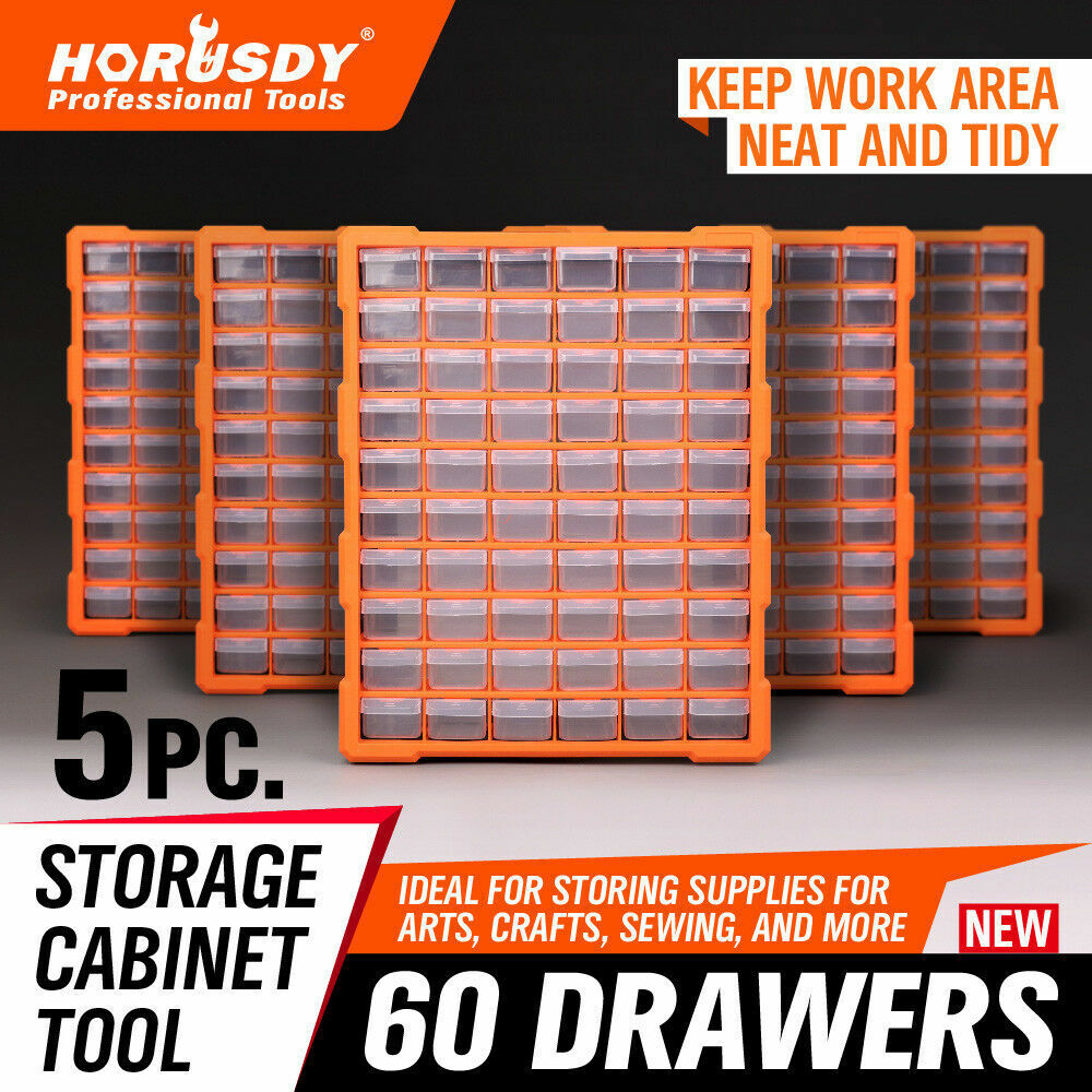 60-drawer organizer set enables wall, stack or floor installation with durable, transparent build for functionally arranging huge volumes of tools, industrial parts and job site supplies.