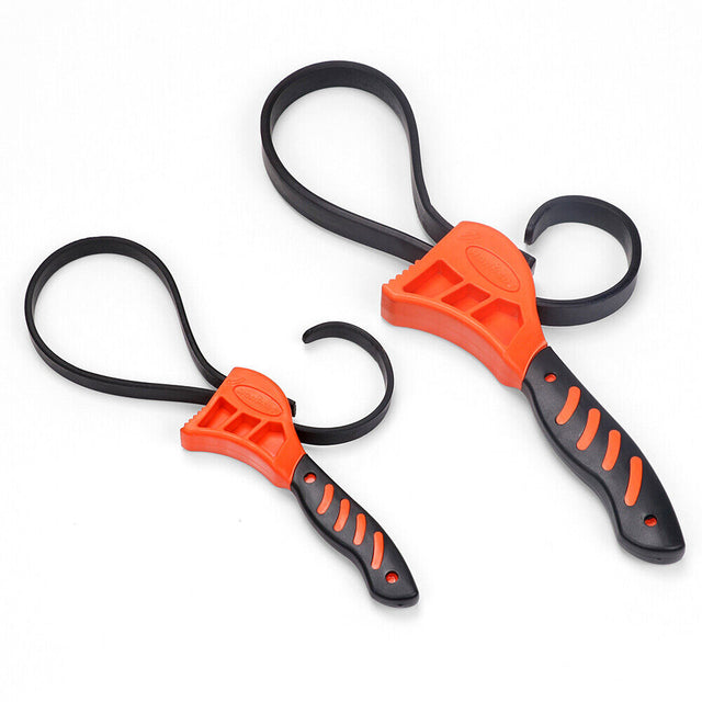 Two-piece adjustable strap wrench set with reinforced rubber belts and ergonomic handles.