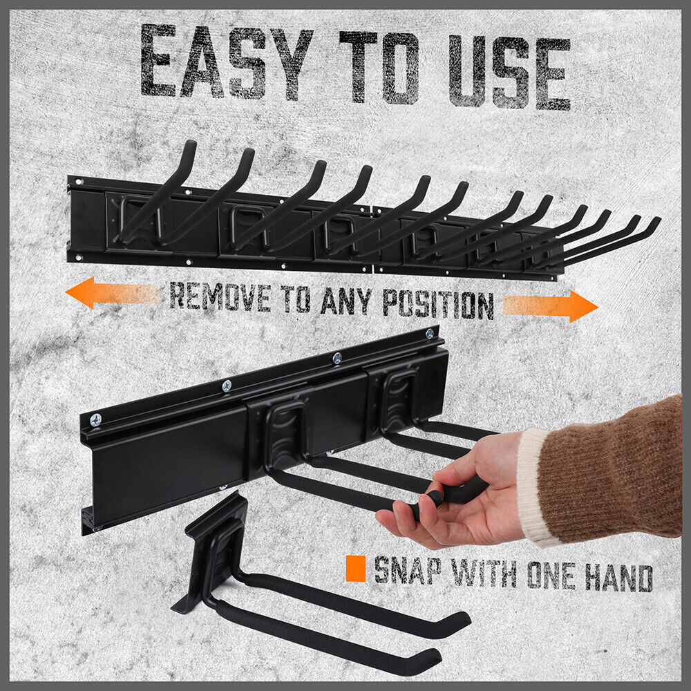 Sturdy Wall-Mounted Bike and Garden Tool Hook Rail, featuring 9 hooks on 4 adjustable rails, ideal for organizing various tools in the garage, pantry, or garden. Made of strong, lightweight material, capable of holding up to 20kg. Includes 34 pairs of screws and expansion tubes for easy installation.