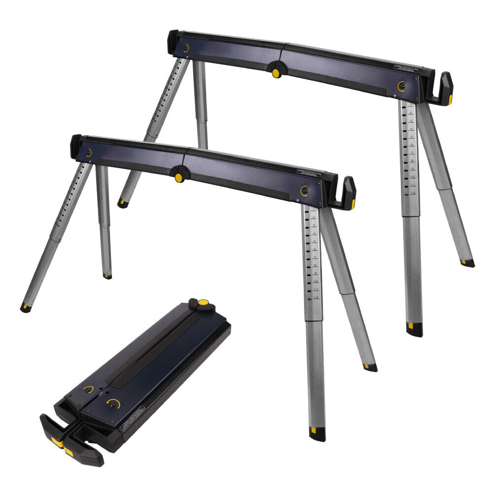 Pack of 2 durable steel sawhorses, adjustable and foldable for easy transport, with a combined load capacity of 450lbs, suitable for job sites and DIY projects.