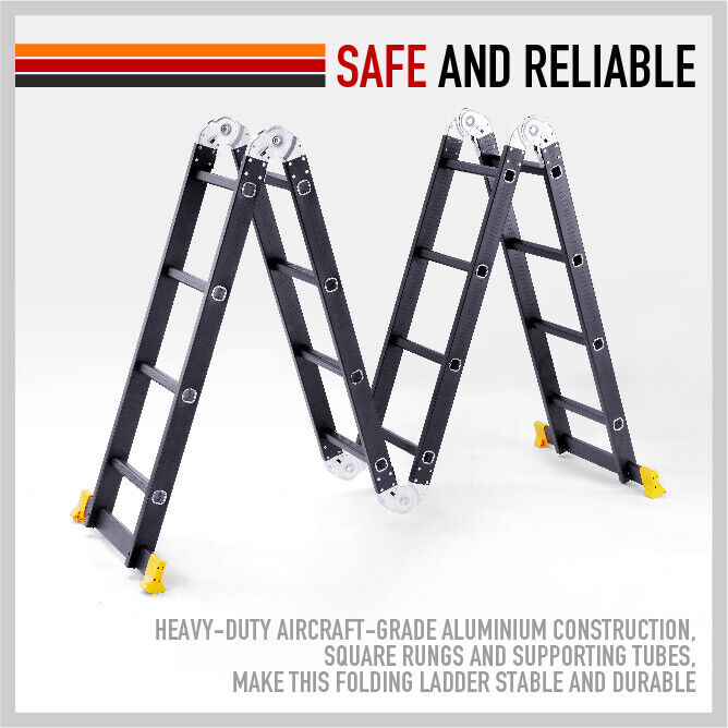 Premium aluminum multi-purpose folding ladder transforms from 3.7M to 6.7M stepladder, stairway ladder, extension ladder and scaffold platform.