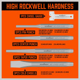 16-piece punch and chisel set including pin punches, tapered punches, cold chisels, center punches, and a gauge, all neatly rolled in a pouch