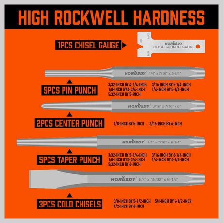 16-piece punch and chisel set including pin punches, tapered punches, cold chisels, center punches, and a gauge, all neatly rolled in a pouch