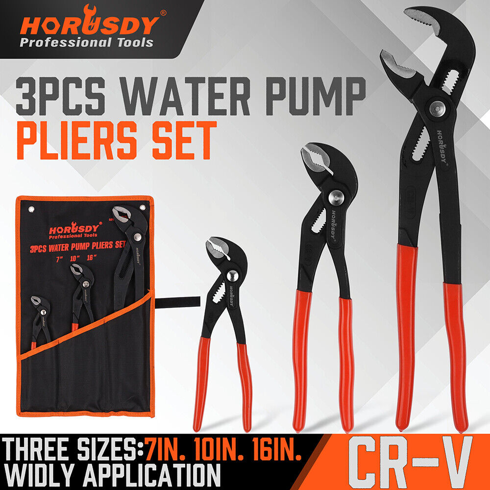 HORUSDY 3-Piece Water Pump Pliers Set with Slip Groove Joints, featuring 7", 10", and 16" Sizes, High-Polish Heads, Dipped Handles, and Storage Bag