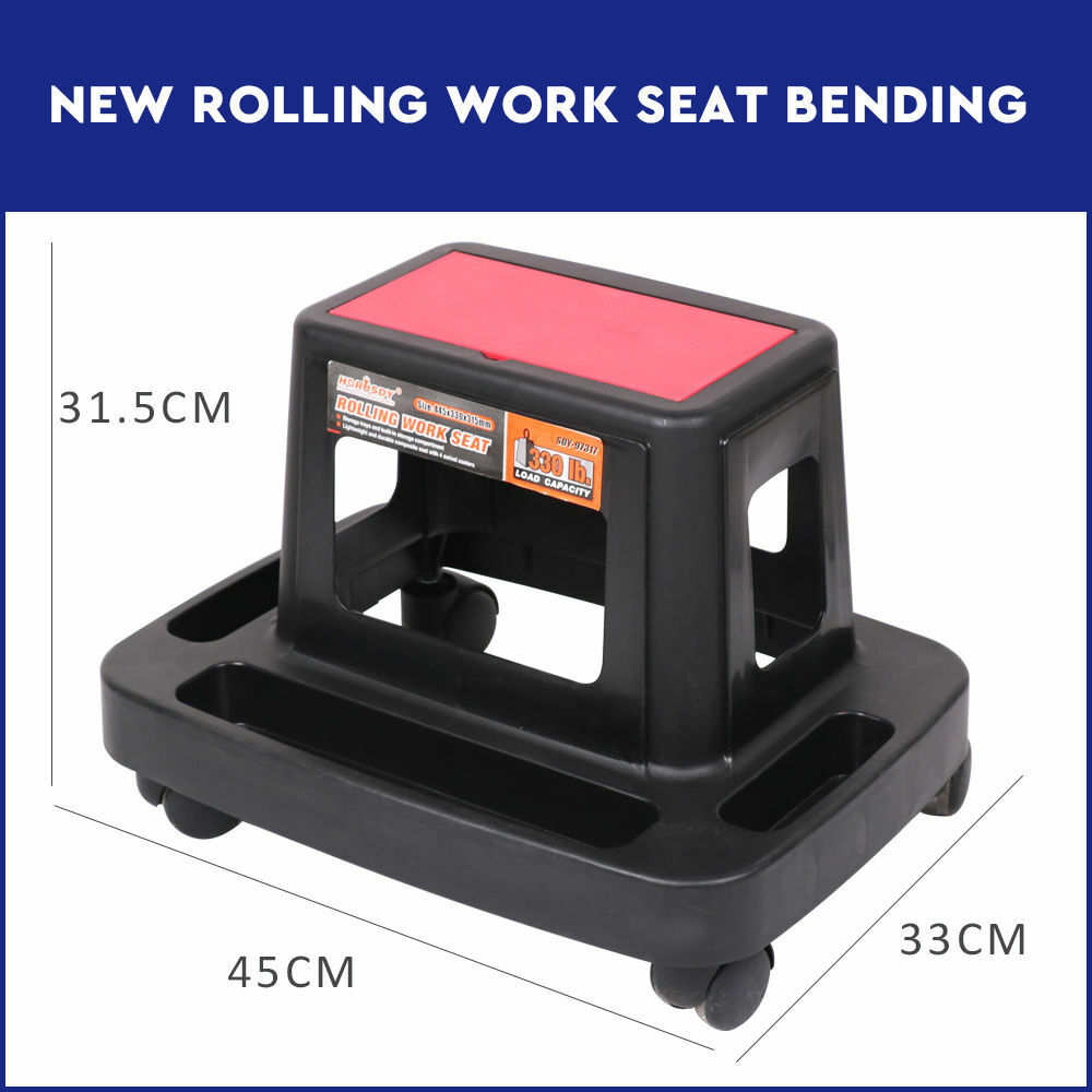 Sturdy Mechanic Rolling Chair designed for comfortable working around the house or garden. Features include three tool trays, two storage compartments, and lockable wheels. Supports up to 150kg, with dimensions of 45cm x 33cm x 31.5cm (L x W x H) and a weight of 1.95kg. Equipped with 4 swivel wheels for easy maneuverability.