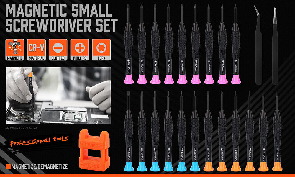 A comprehensive precision screwdriver set made of hardened steel with magnetic tips, non-slip handles and slotted, Phillips and Torx tools for intricate electronics repair.