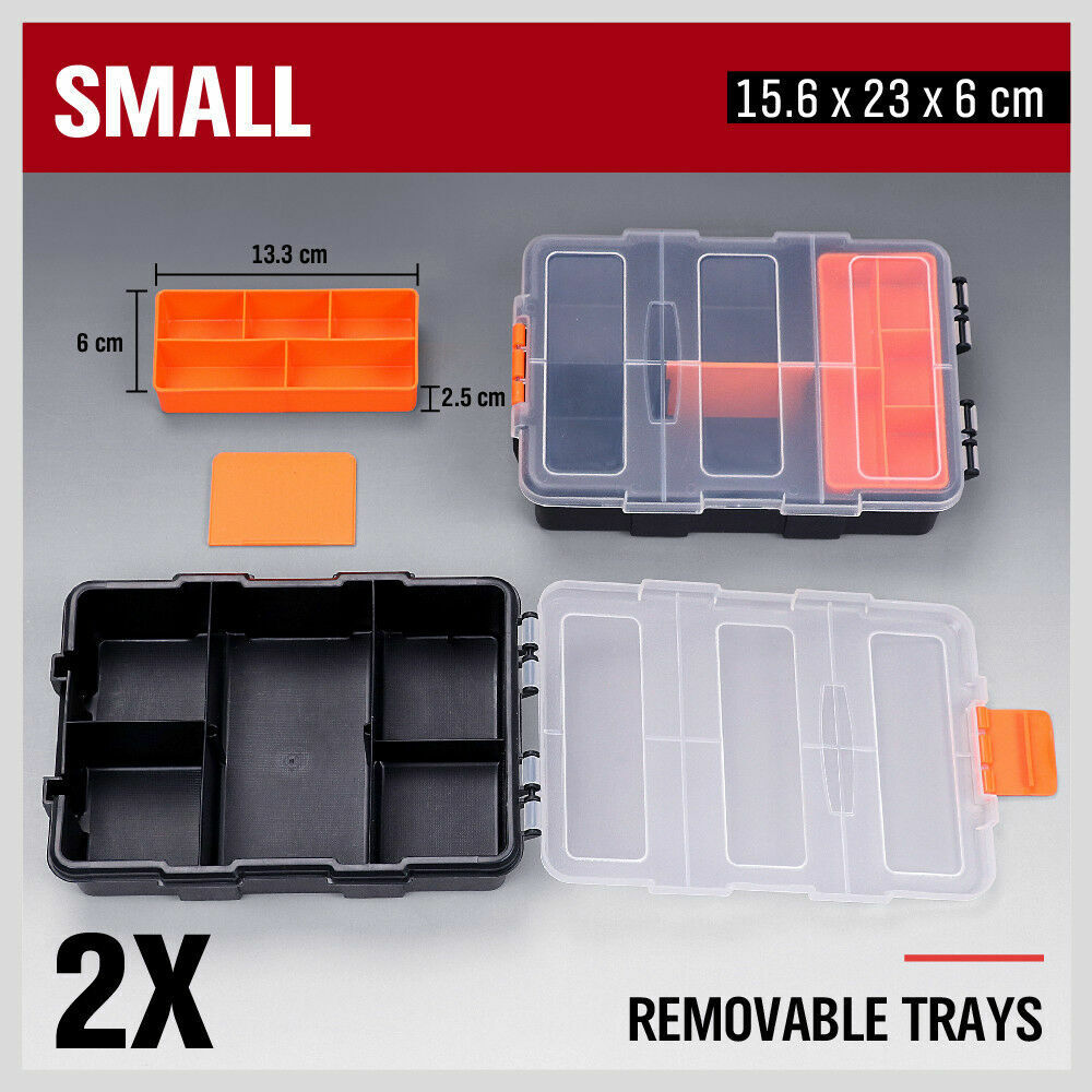 Versatile 4-piece tool box organizer set with removable trays, crafted from durable, high-impact polystyrene, ideal for neatly storing screws, nuts, bolts, arts and crafts materials.