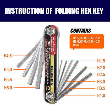 10-piece metric folding hex key set in a pocket-sized aluminum holder. Hardened chrome vanadium steel keys range from H1.5 to H6. For professionals and DIYers.
