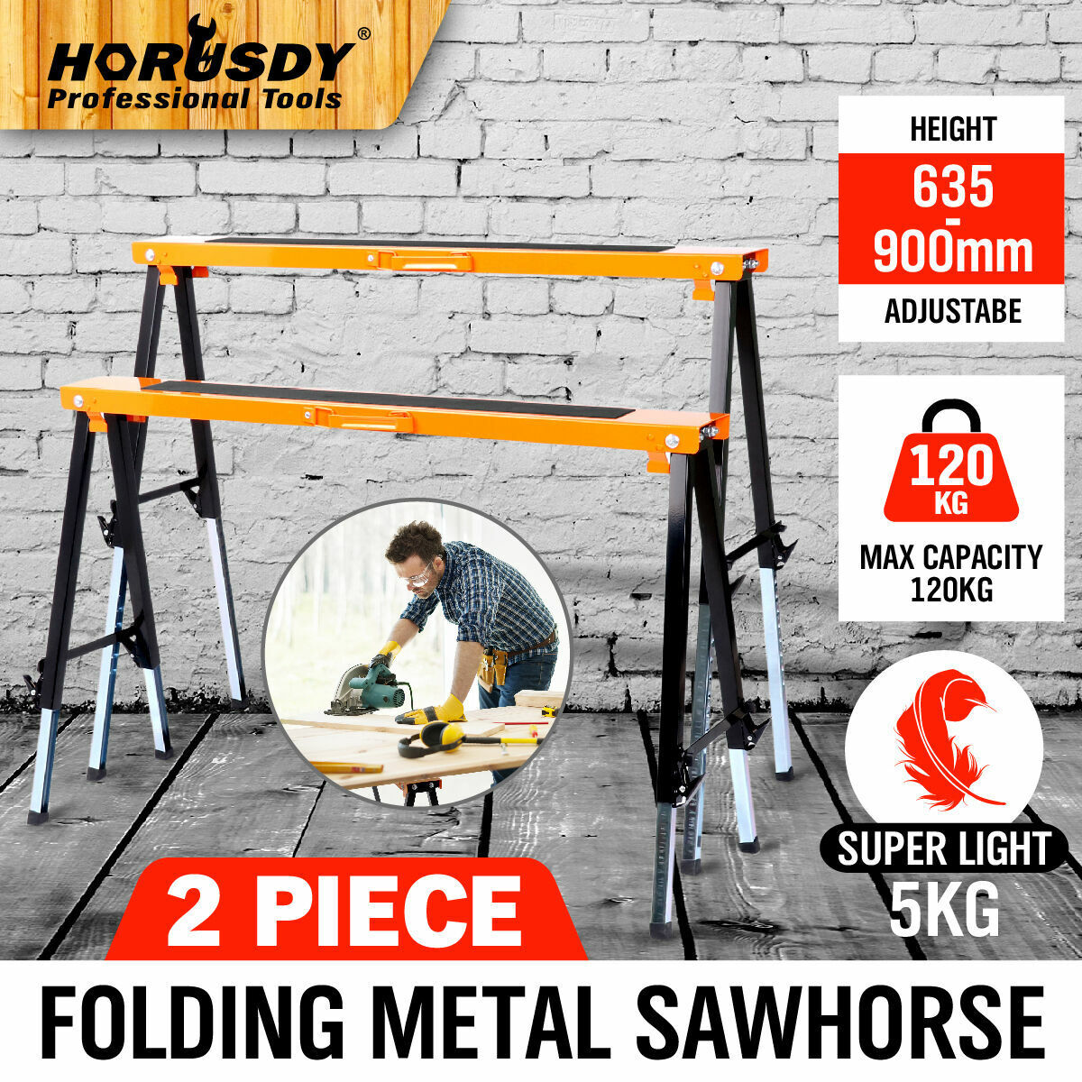 Pack of 4 Mastercraft metal sawhorses with anti-slip work surfaces and foldable design.
