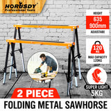 Pack of 4 Mastercraft metal sawhorses with anti-slip work surfaces and foldable design.