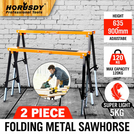 Pack of 4 Mastercraft metal sawhorses with anti-slip work surfaces and foldable design.