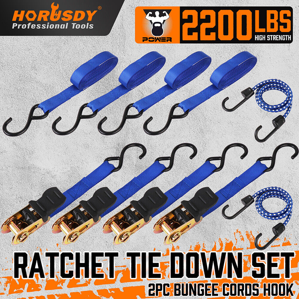 Durable 10-Piece HORUSDY Ratchet Tie Down Straps with Rubber-Coated S-Hooks and Bungee Cords, 15FT Length, 2200 LB Capacity for Secure Transportation